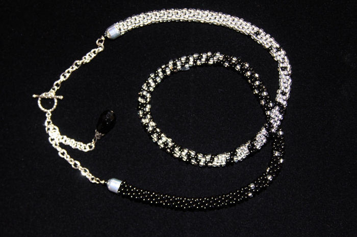 Black and silver beaded Kumihimo in varigated pattern